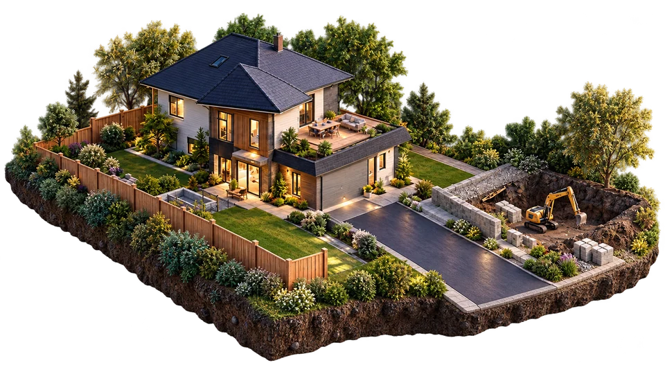Maison illustrée avec toiture, jardin, clôture et entrée